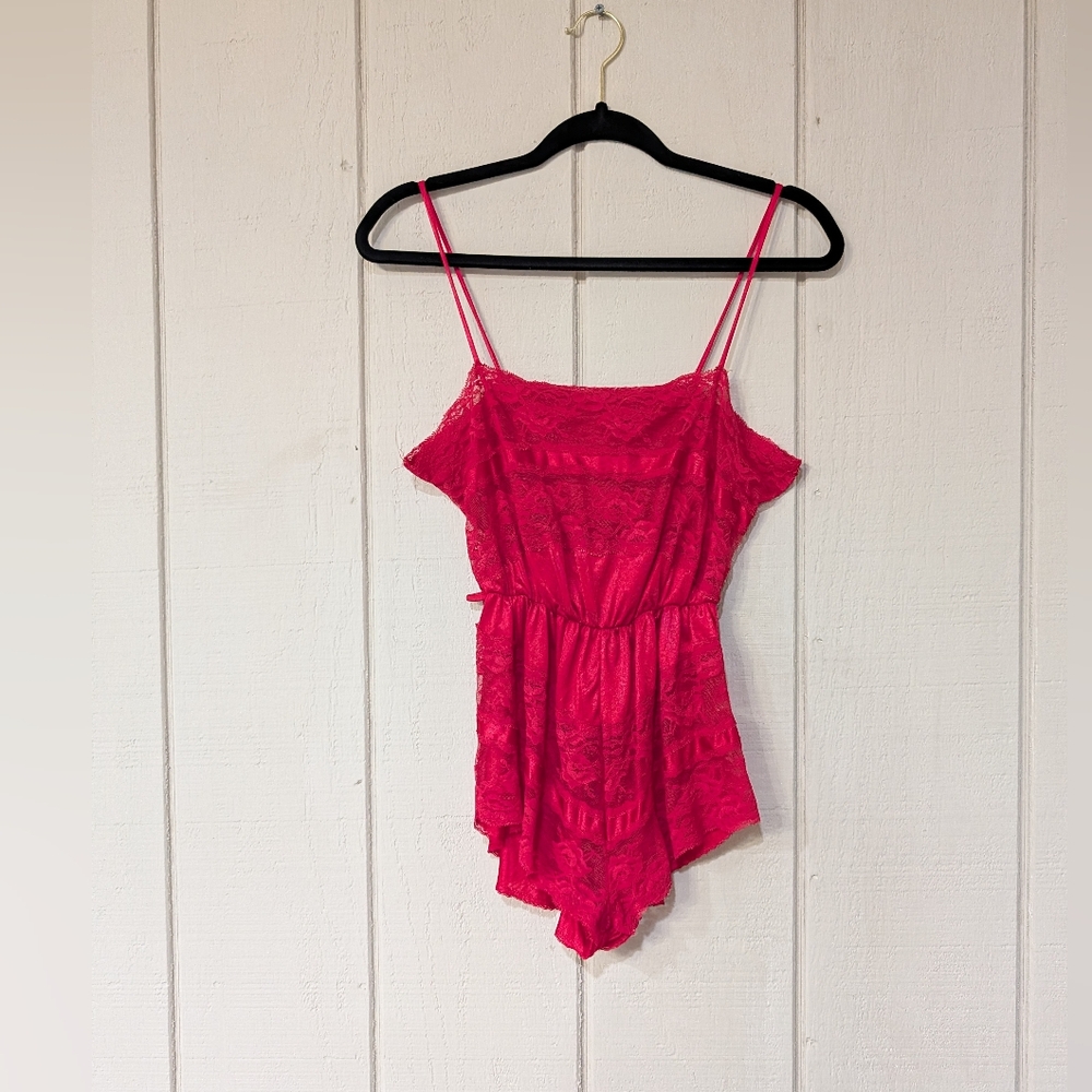 Vintage Red Sheer Lace Nylon Teddy Lingerie Romper